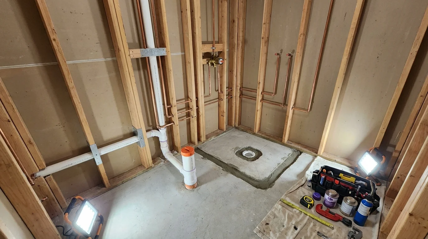 Bathroom rough-in plumbing during remodel by Johns Plumbing LLC in McConnelsville