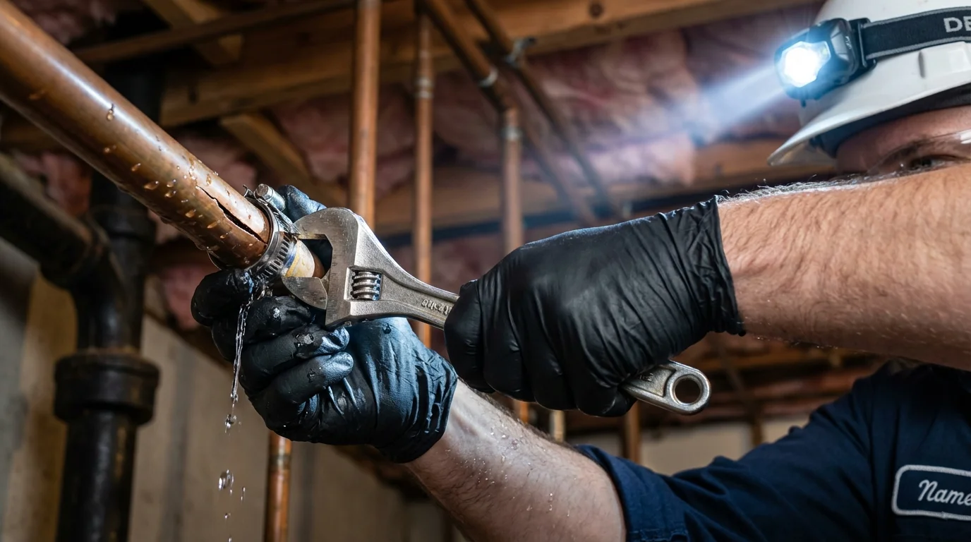 Emergency pipe clamp repair being performed by a Johns Plumbing LLC plumber in McConnelsville