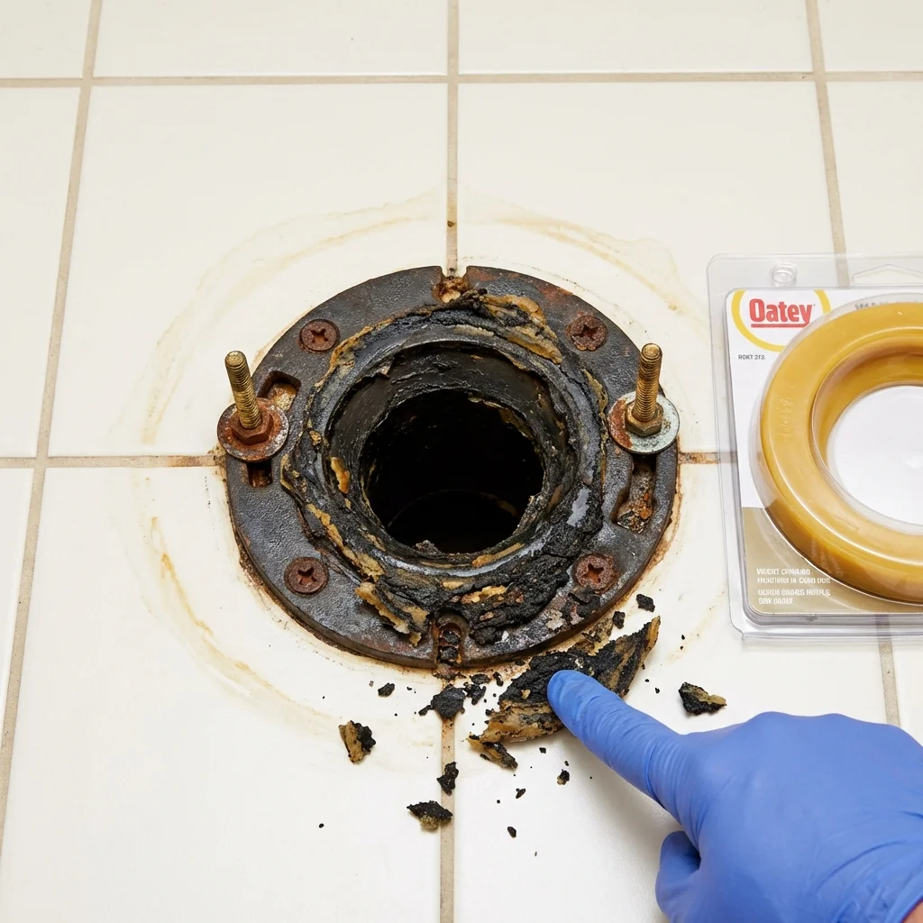 Failed wax ring showing water seepage at the base of a toilet in a McConnelsville, OH home