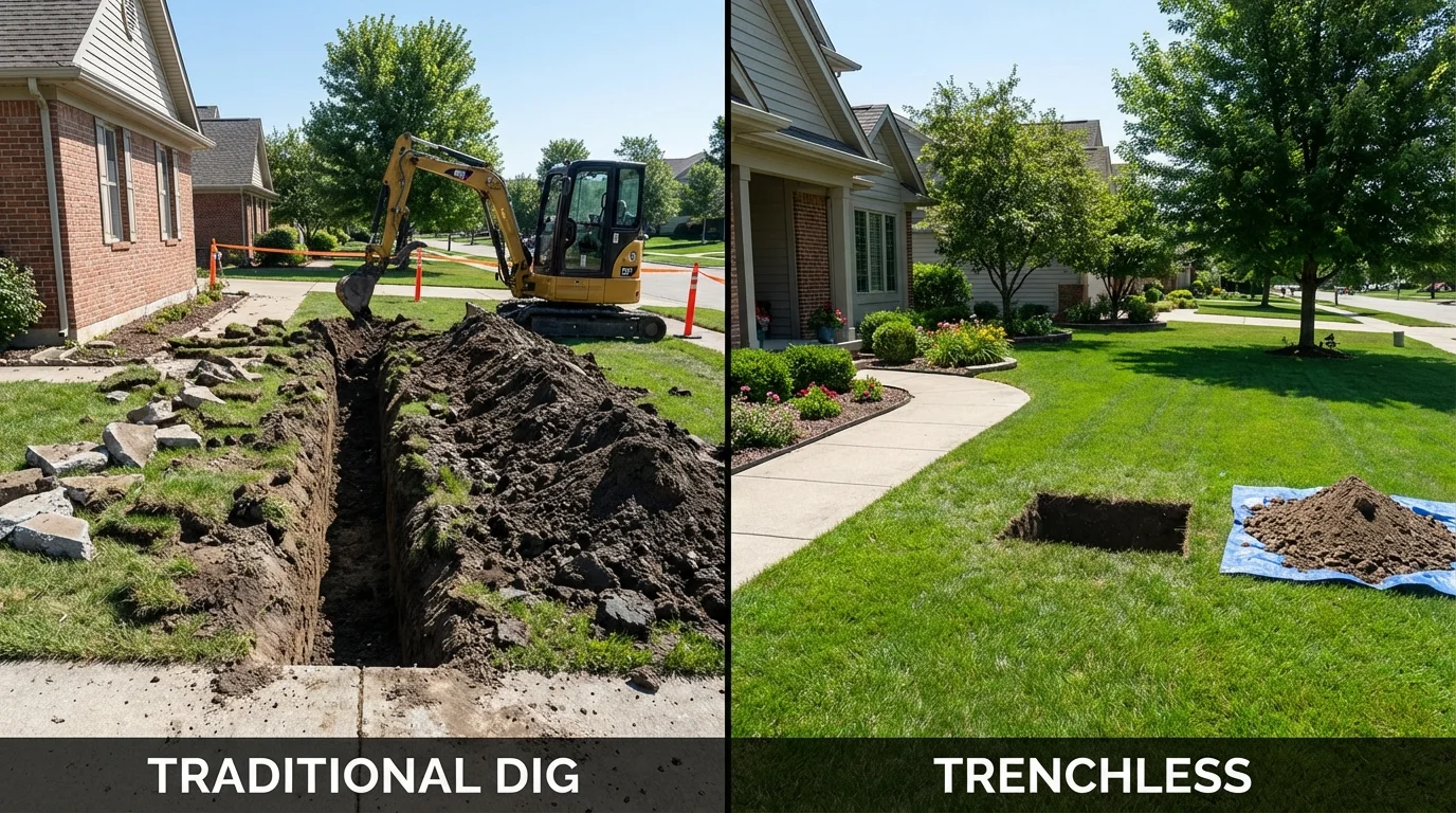 Trenchless sewer repair with minimal yard damage versus traditional excavation in McConnelsville, OH