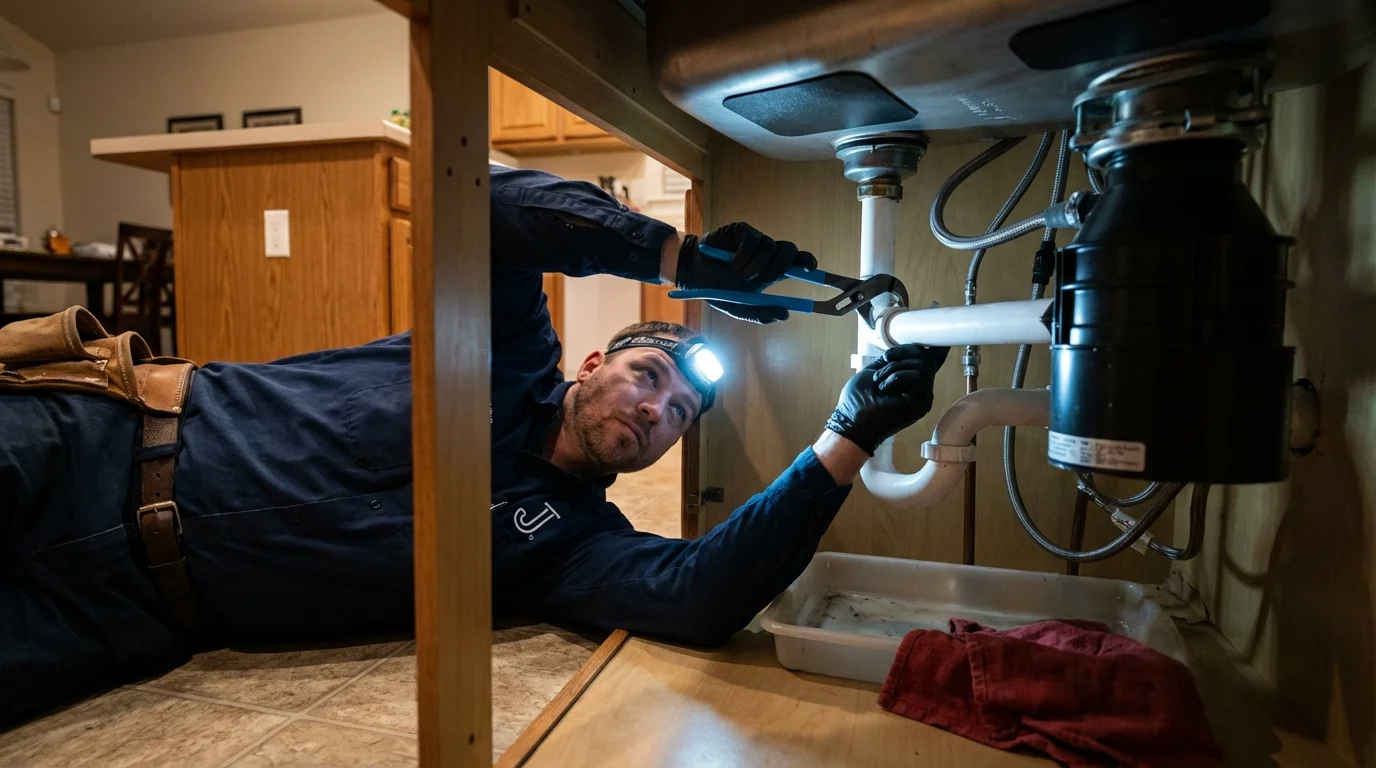 P-trap and supply line connections under a kitchen sink showing a common leak point in McConnelsville, OH